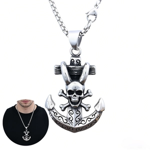Gothic Punk Skull Anchor Pendant Necklace Stainless Steel Retro Antique Silver Color Men Hip Hop Jewelry Accessory