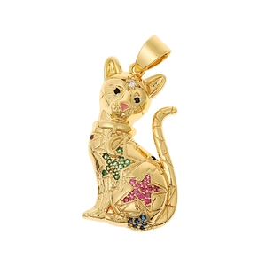 Golden cat pendant with star and moon patterns inlaid with colorful zircon stones