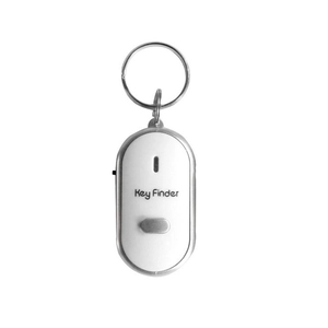 Oval wireless key finder in white and silver finish with portable metal keychain ring