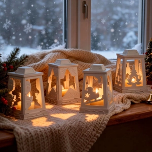 Close-up of four white Christmas lanterns with snowflake cutouts on a warm blanket