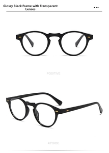 Détail de lunettes noires rondes avec verres transparents et rivets dorés déco