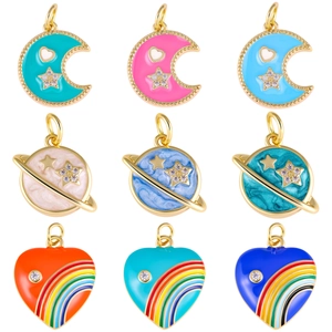 Colorful copper heart and moon pendants with enamel and cubic zirconia in 3x3 grid
