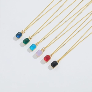 Elegant gold chain necklaces featuring rectangular zircon pendants in six vibrant colors