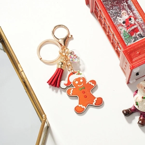 Mignon Porte-clés Bonhomme De Pain D'épices Noël Bois Alliage Avec Gland Rouge Boule Paillettes Étoiles Cadeau