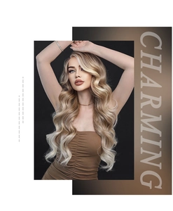 Detailed close-up of ombre blonde long wavy synthetic lace wig on a model with charming texture