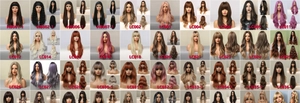 Grid view of long wavy and straight synthetic wigs in various colors like brown and blonde