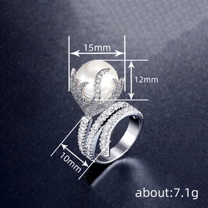 Elegant silver ring with 15mm faux pearl and pavé crystals for luxury style