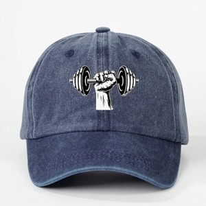 Adjustable washed denim baseball cap featuring a fitness dumbbell print on the front
