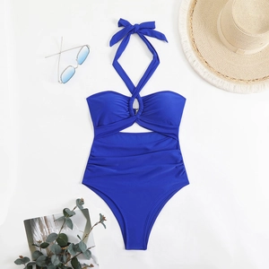 Costume intero blu reale con scollo all'americana, dettagli cut-out e arricciatura frontale