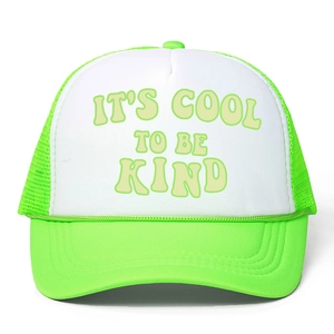 Close-up of mesh texture and adjustable snapback on green and white trucker hat