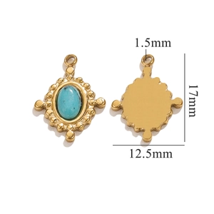 Vintage gold oval turquoise pendant with front and back views showing 17x12.5mm dimensions