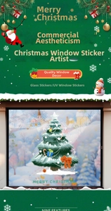 Close-up of UV-printed hand-drawn Christmas tree window sticker with festive decorations