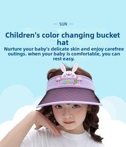 Detail of purple kids sun visor with cute cartoon bunny and breathable mesh brim