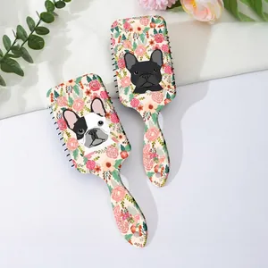 Cute Cartoon French Bulldog Floral Print Air Cushion Hairbrush Massage Detangling Comb ABS Plastic Hair Styling Tool For Women Girls