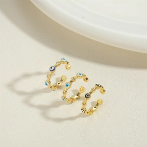 Three-piece gold-plated evil eye ear cuff set with colorful enamel and zircon stones