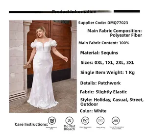 Detail of white sequin off-shoulder evening dress with ruffle sleeves and mermaid hem