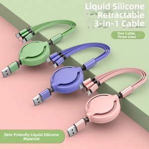 Detailed 3-in-1 retractable charging cable with Type-C Micro-USB and Lightning ports