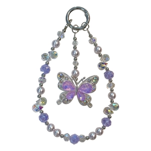 Elegant purple butterfly beaded phone charm and keychain with iridescent crystals