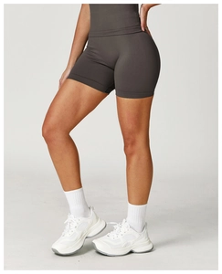 Close-up of high-waisted seamless charcoal grey sports shorts with a high-elasticity fabric