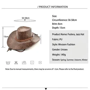 Brown PU leather cowboy hat for men and women with woven rope and 8cm wide sun brim