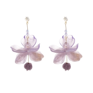Elegant purple resin flower drop earrings with marble texture and golden hooks