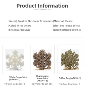 Detailed size specifications for 10x9cm glitter snowflake ornaments in a 6-piece set
