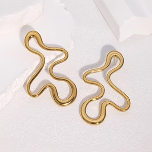 Irregular curve abstract 18k gold plated stainless steel earrings on white background