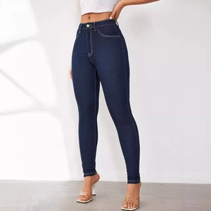 Women's high waist slim fit skinny denim jeans in deep blue with contrast white stitching