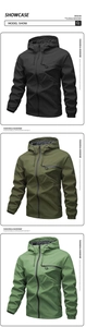 Three men's outdoor windbreaker jackets in black, olive green, and forest green colors