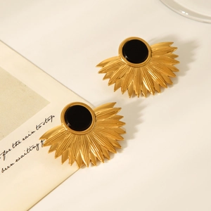 Detailed view of 18K gold plated fan-shaped earrings with black circular inlay on card