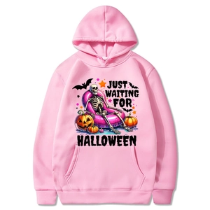 Pink Halloween hoodie for men and women with pumpkin and skull print graphic