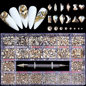 Champagne gold nail art rhinestones set with multi-shape flatback crystals and dotting pen