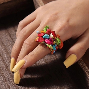 Bohemian style ring featuring colorful irregular natural stone beads and micro beads
