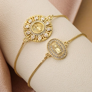 Religious Virgin Mary Medal Adjustable Bolo Bracelet Copper Gold Plated Micro Paved Zircon Box Chain Jewelry For Women