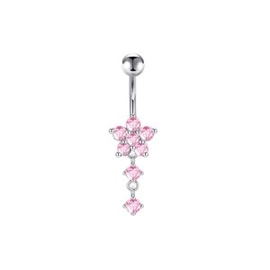 Detailed view of silver navel ring with pink gemstone flower and hanging pendant charm
