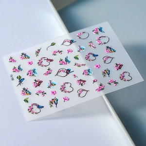 Stickers à ongles adhésifs avec fleurs roses, oiseaux bleus et couronnes de cœur, TS-195