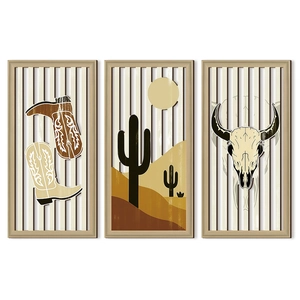 Décoration murale bohème en bois de 3 pièces avec bottes de cowboy, cactus et crâne