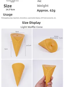 Detailed size chart for 14.5cm PVC artificial waffle cone with texture and specifications