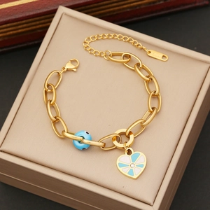 Goldene Edelstahl-Panzerkette mit blauer Teufelsaugen-Perle und Herzanhänger-Schmuck