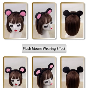 Plush mouse ears headband in black and pink, front side and back view on model head