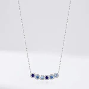 925 Sterling Silver Necklace Gradient Blue Round Cubic Zirconia Pendant Clavicle Chain Elegant Luxury Fashion For Women