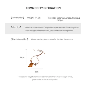 Detailed spec sheet showing 99cm wood and ceramic beaded puppy necklace measurements