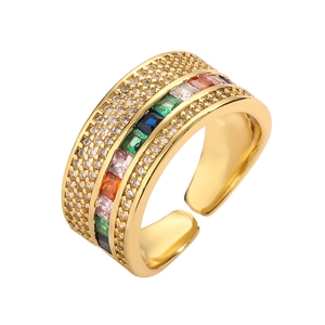 Adjustable gold plated copper ring with rainbow zircon stones and heart mama design
