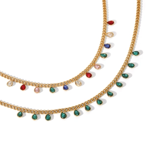 Gold stainless steel necklaces featuring vibrant teardrop-shaped colorful zircon tassels