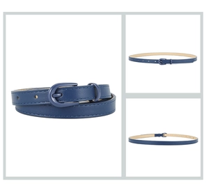 Close-up of slim blue PU leather belt for women featuring a matching round pin buckle
