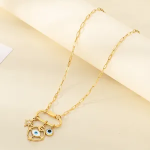 Stainless Steel Evil Eye Pendant Necklace Star Moon Enamel Charms Paperclip Chain Clavicle Jewelry For Women