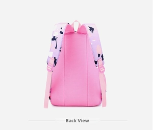 Breathable mesh back panel and camouflage padded straps on a pink school backpack