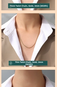 Close-up of 2mm and 3mm gold rope chains in 18K plated titanium steel for women
