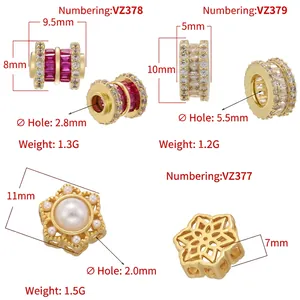 Exquisite gold-plated spacers with zircon gems and pearls shown with size dimensions