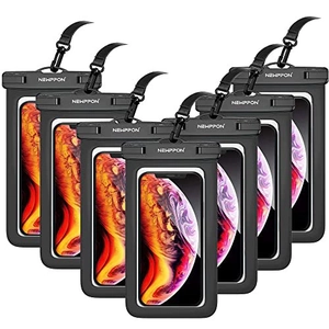 Set of 6 black waterproof phone pouches with lanyards and clear screens for swimming